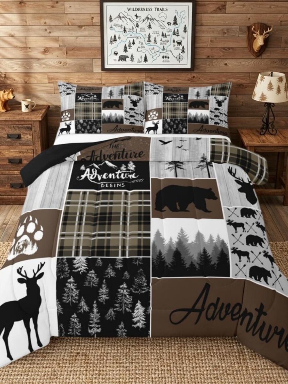 Hunting Bear Deer Bedding Comforter Sets, Rustic Cabin Patchwork Comforter